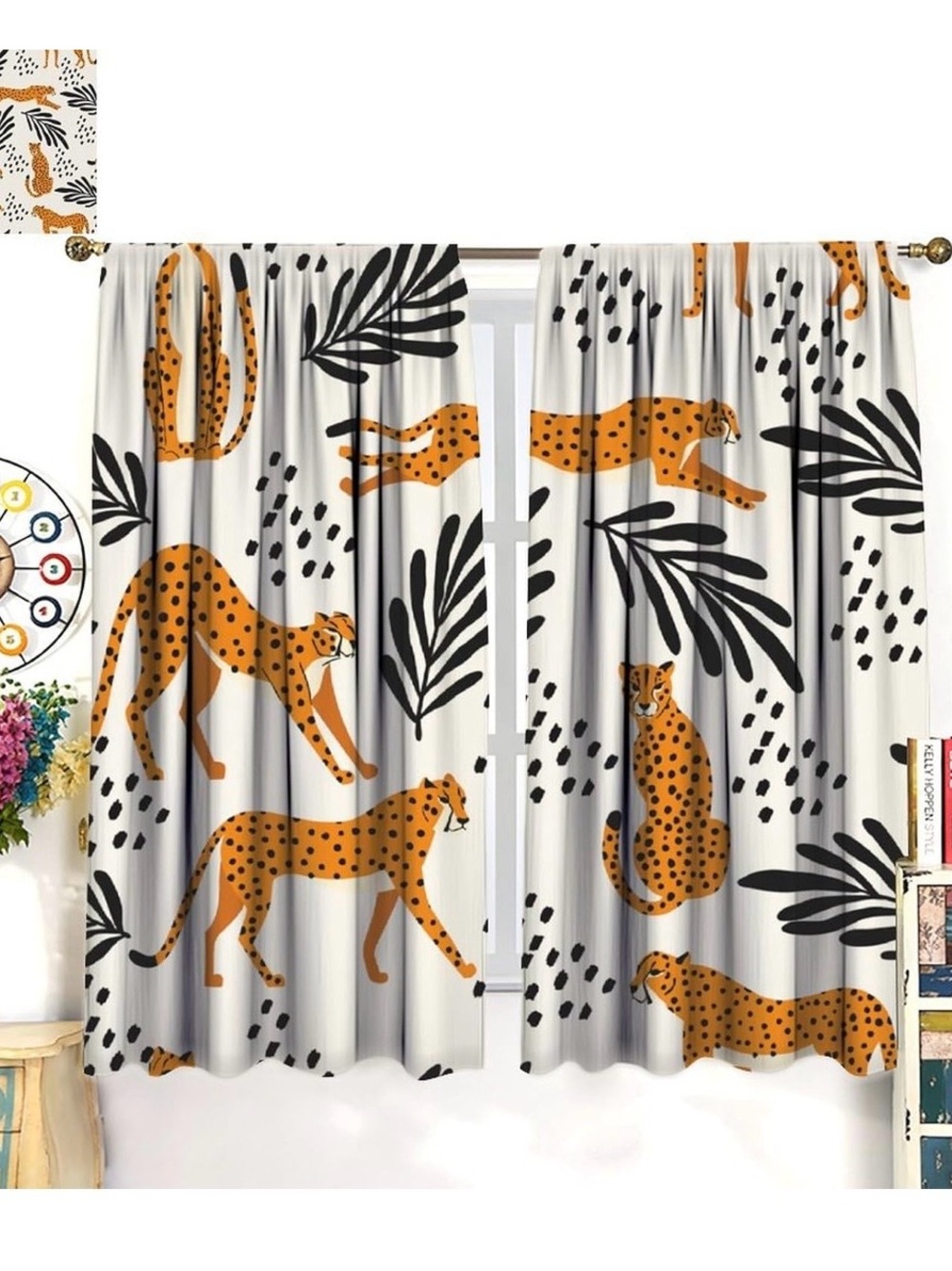 Printed Cheetah Window Curtains - White and Orange 26x84inch